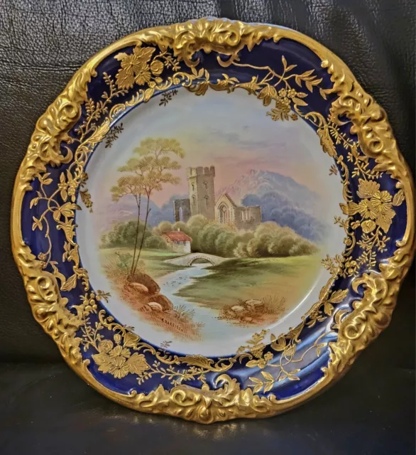 Royal Crown Derby 19thC Scenic Raised Gold Encrusted Cobalt Dinner Cabinet Plate