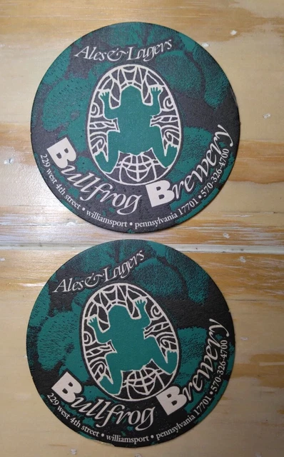 (2) Ales & Lagers Bullfrog Brewery Beer Coasters 4" dia. Williamsport, PA.