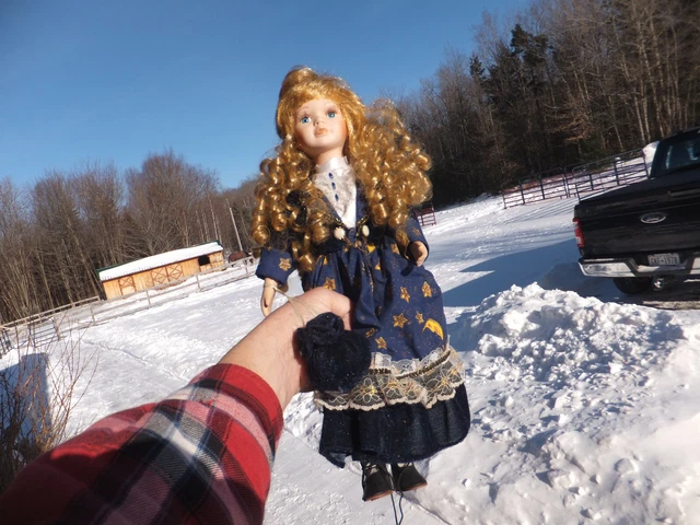The Emerald Doll Collection 17" Moon & Stars Blue Dress, Red/Blonde Curled Hair