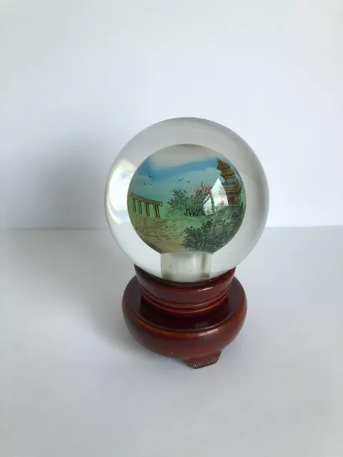 Vintage Chinese Reverse Hand Painted Globe With Wood Base