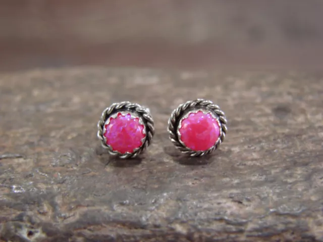 Navajo Indian Sterling Silver 1/4" Round Pink Opal Post Earrings by White