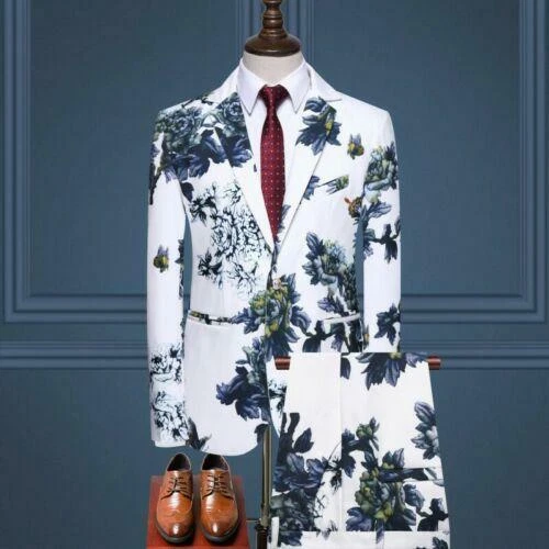 Men's Printed Floral Suit 2pcs Jacket Formal Dress Slim Fit Blazer Pants Wedding