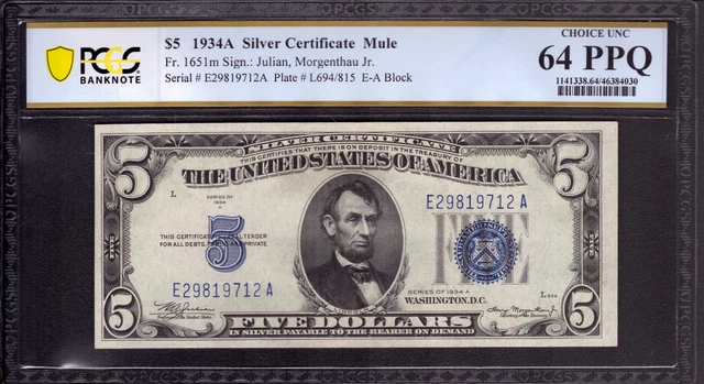 1934 A $5 SILVER CERTIFICATE NOTE FR.1651m MULE EA BLOCK PCGS B CU 64 PPQ