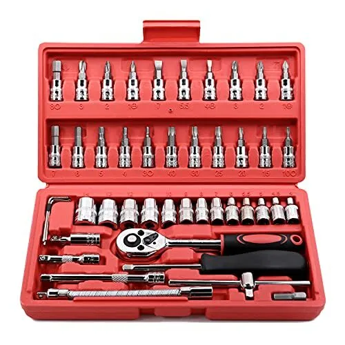 46 Pieces 1/4 inch Drive Socket Ratchet Wrench Tool Set, with Bit Socket