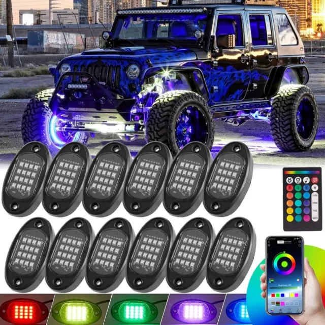 12 Pods RGB LED Rock Lights Kit Offroad Truck Underbody Neon Music Bluetooth APP