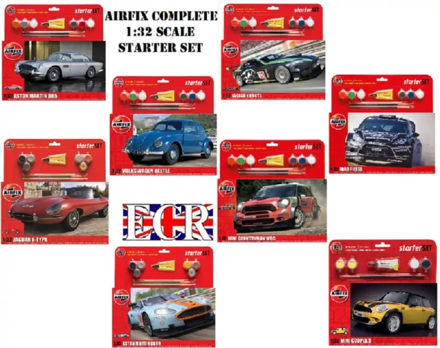 Kit De Démarrage Airfix Voitures Iconiques 1:32 Ensemble Brosse Colle 4 Voitures Peinture Acrylique