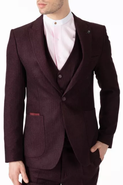 Peaky Blinders Style - Burgundy Herringbone Tweed 3 Piece Suit with Patch Pocket