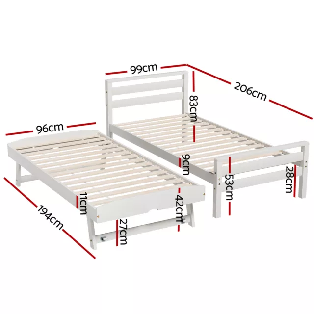 Artiss Bed Frame 2x Single Size 2-in-1 Trundle Wooden Mattress Base White AVIS 3