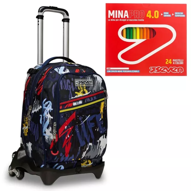 Trolley Scuola Seven Jack 3 Ruote Spray Wal Zaino Sganciabile 34lt colori REGALO