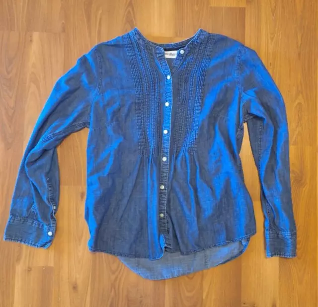 St Johns Bay Women SZ S PL Blue Button Up Light Denim Shirt Long Sleeve