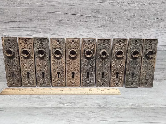 10 Vintage Victorian Cast Iron Skeleton Key Door Knob Back Plates Ornate Salvage