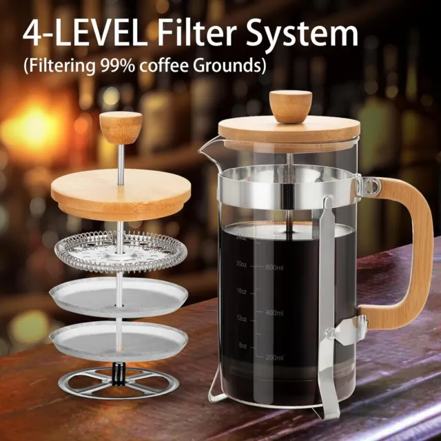 French Press 8 Cup Coffee Tea Maker Thickened Borosilicate Glass&Bamboo Home US 3