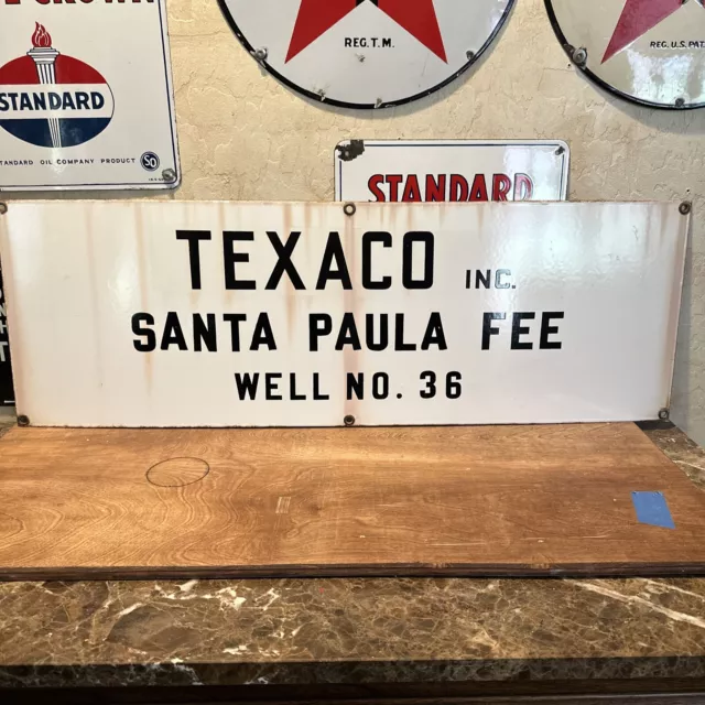 Large Original & Authentic ''Texaco Inc. '' 36+X12 Inch Porcelian Oil Lease Sign