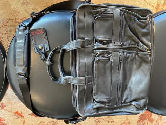 TUMI Alpha Black Leather Expandable Messenger Laptop Briefcase Bag