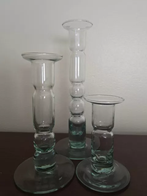 3 MCM  Style Recycled Bubble Blown Glass Graduated Candlesticks / Bud Vases Set