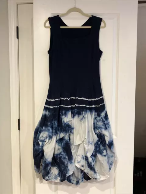 LUNA LUZ ~ Sz L ~ Navy Blue & White Tie Dye Lagenlook Tuck Dress Fit Flare ~ EUC