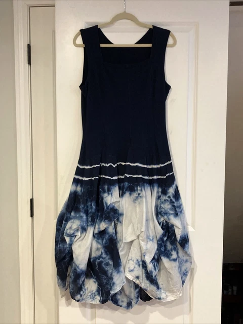 LUNA LUZ ~ Sz L ~ Navy Blue & White Tie Dye Lagenlook Tuck Dress Fit Flare ~ EUC