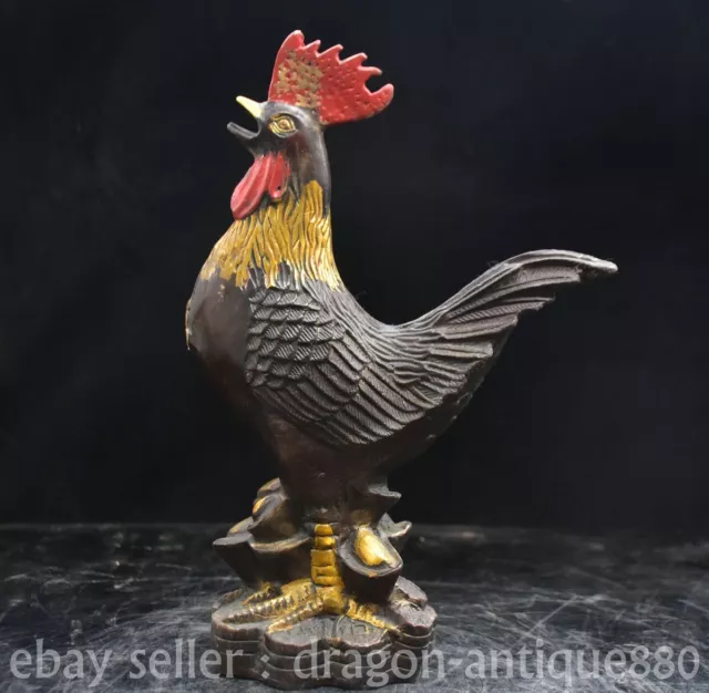 9.6" Old China Bronze Gilt Painting Fengshui 12 Zodiac Year Rooster Cock Statue