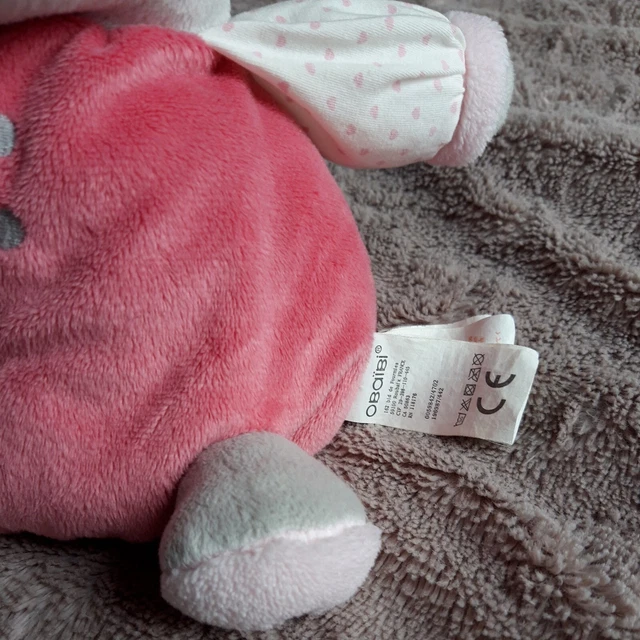 DOUDOU BOULE OBAIBI SOURIS ROSE GRIS Imprimés COEURS GRELOT TBE 3