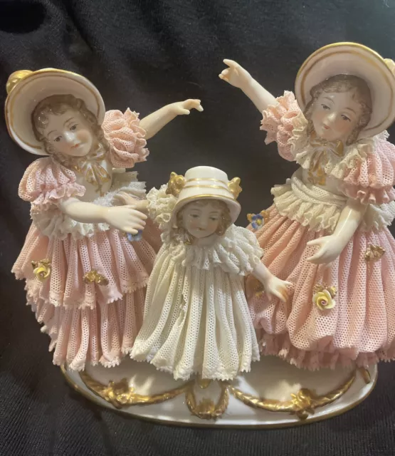 Rare Old German Dresden Fritze Ackermann Lace Porcelain Beautiful  Happy Girls!