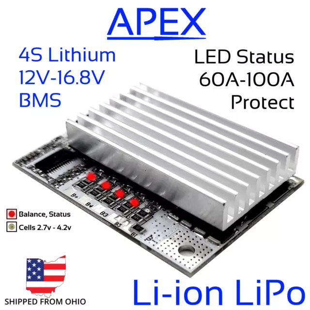 4S 100A 12V 16.8V Li-ion LiPo Lithium BMS LED Heatsink Battery