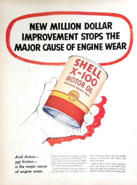 Shell X-100 Motor Oil Premium Heavy Duty 1952 Vtg PRINT AD Prevent Acid Wear