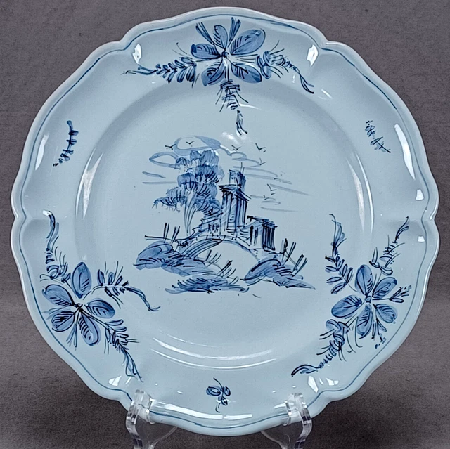 French Italian Hand Painted Castle Villa & Floral Blue Faience 10 1/8 Inch Plate