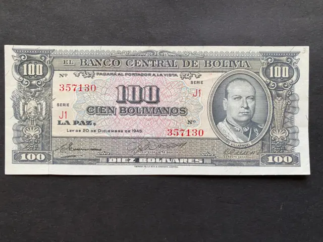 BOLIVIA, 1945, Billete Banco Central de Bolivia, 100 BOLIVIANOS, Serie J1, UNC
