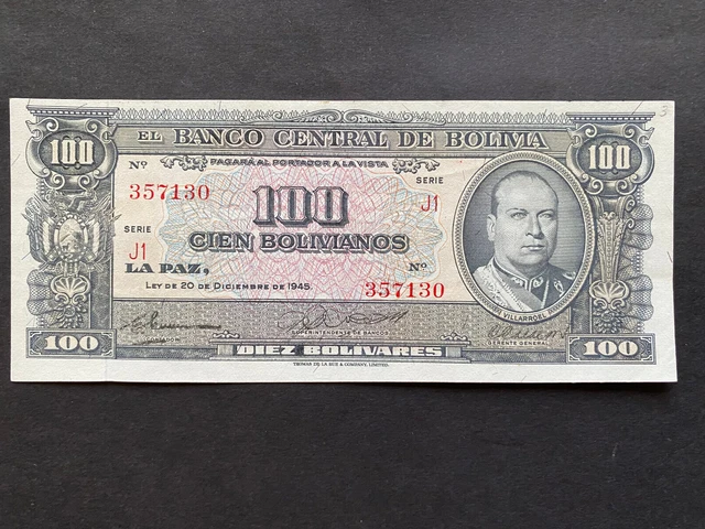 BOLIVIA, 1945, Billete Banco Central de Bolivia, 100 BOLIVIANOS, Serie J1, UNC