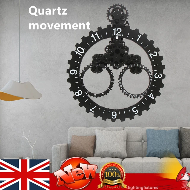 27" Industrial Mechanical Moving Gear Clock Metal Gear Wall Clock Black Decor US