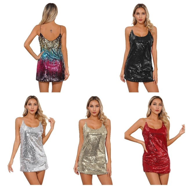 Damen Glitzern Club Kleid Ärmellos Pailletten Abschlussball Kostüme Sexy Mode