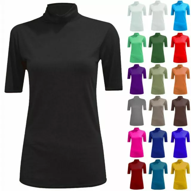 Womens Ladies Short Sleeve Polo Roll Turtle Neck Plain Stretch Jumper Top 8-26