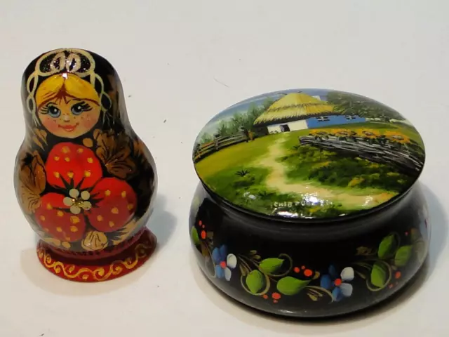 Lovely Russian Trinket Box with Painted Home Scene & Russian Wood Doll Figure