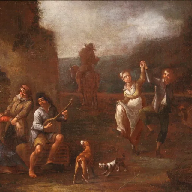 Bambocciante antigua pintura al oleo sobre lienzo escuela italiano siglo XVII