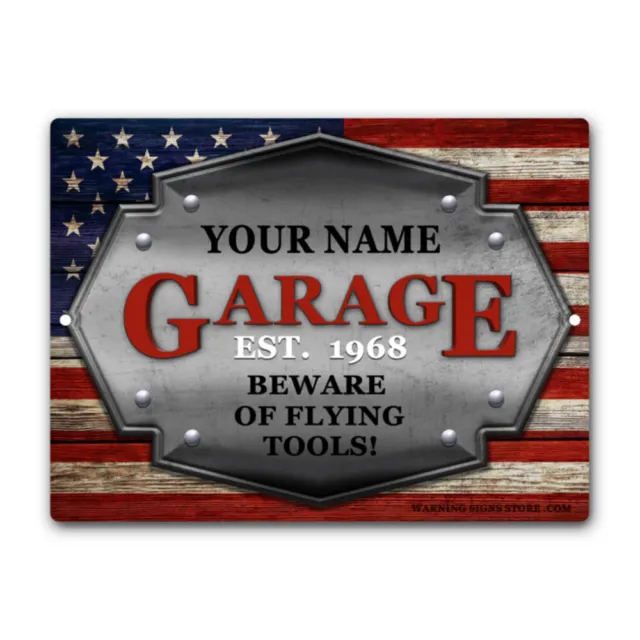 Personalized American Flag Garage Mechanic Sign Weathered Wood Custom Metal Sign