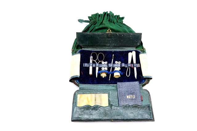 Antique 1856 German NOTIZ ETUI SEWING KIT in in Fitted Bag with Fold out Pocket