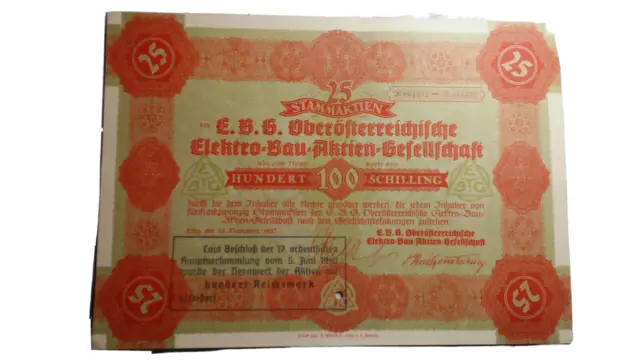 Autriche 1937 Elektro-Bau-Aktien-Gesellschaft 2500 Shilling Bond
