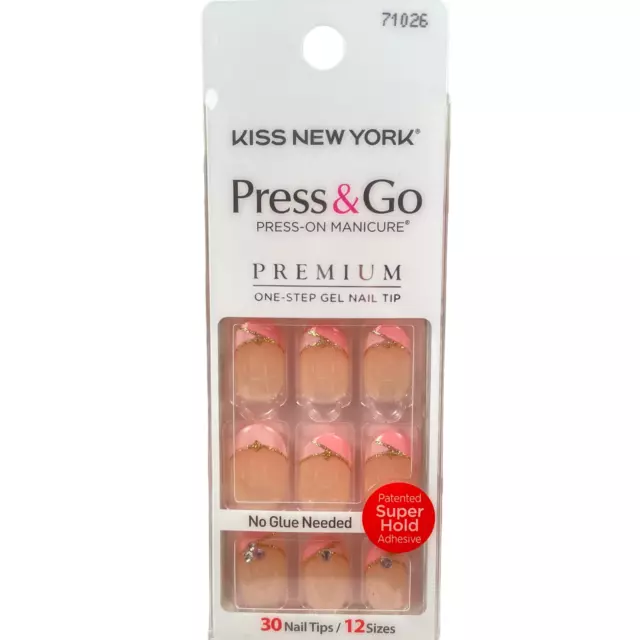 NEW Kiss Nails Impress Press On Manicure Short Gel Oval French Pink Gold Glitter