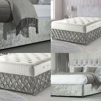 Crushed Velvet Bed Base Wrap Cover Pintuck Valance Sheet Divan Bed Frame Double