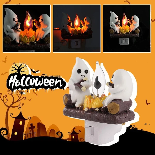 Ghost Roasting Marshmallows Halloween Night Light - LED Dawn Lamp, Orange Glow