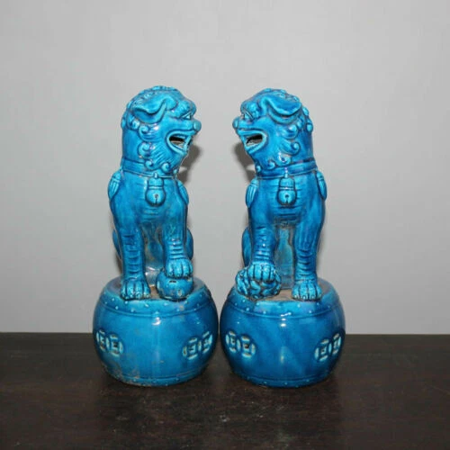 10.4" Pair Chinese Jingdezhen Marked Blue Glaze Porcelain Lion Foo Dogs Statues