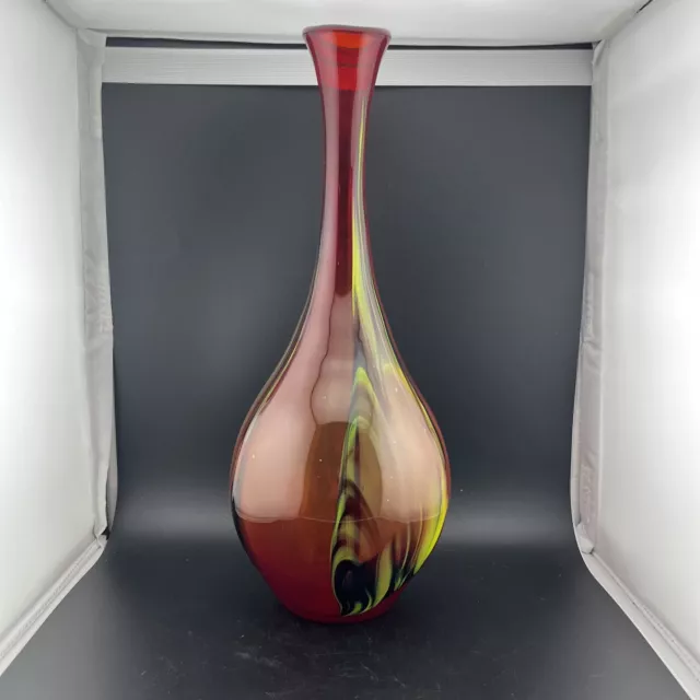 Murano Style Hand Blown Red Tall Neck Vase With Bands of Colored Glass 14” Tall
