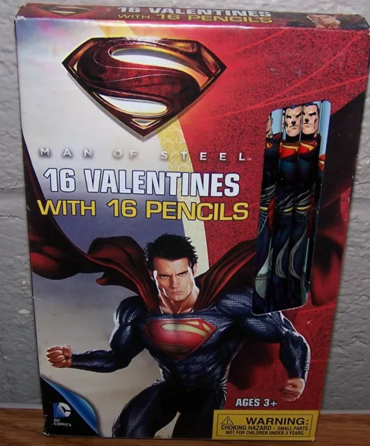 Valentines Day Exchange Cards (Box of 16) Superman Man Of Steel with Pencils