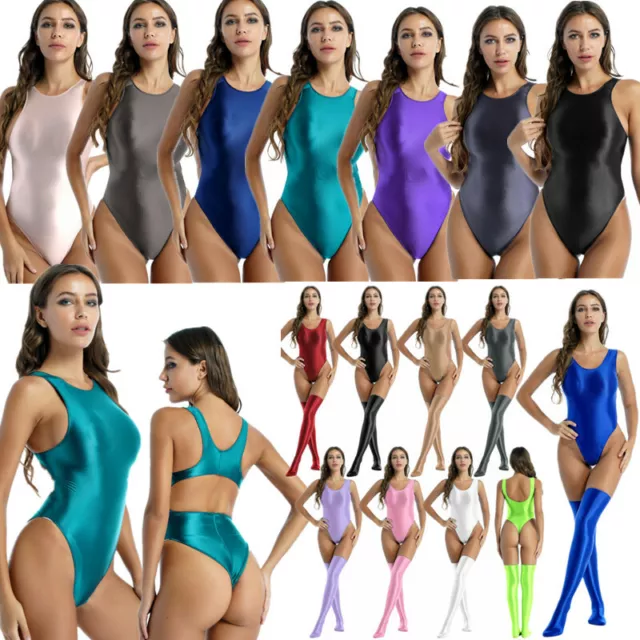 Women's Glossy Bodysuit One Piece Swimsuit High Cut Leotard Beachwear Swimwear