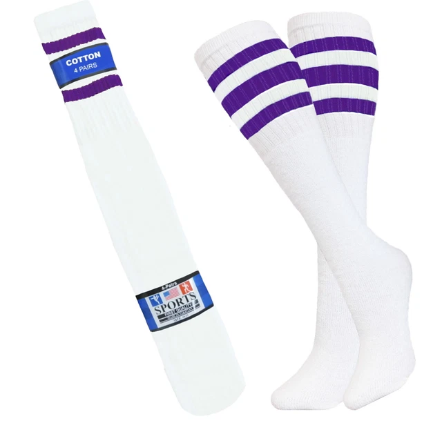 4 Pair Sports Tube Socks Cotton White Purple Stripes Hi Calf Long Socks 10-15