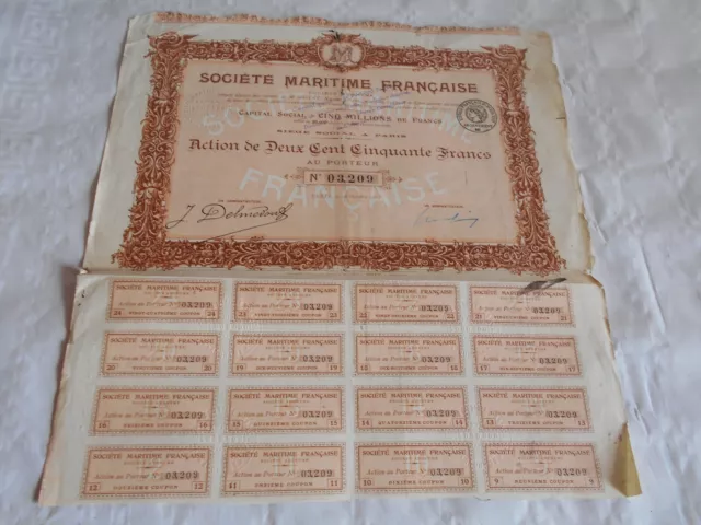 Vintage share certificate Stocks Bonds action Societe maritime Francaise 1917