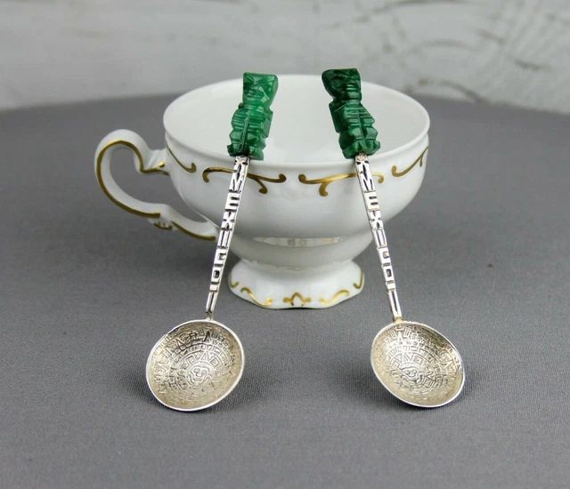 True Vintage 2x Cucchiaio D'Argento Souvenir Messico 925er Argento Mayamotive
