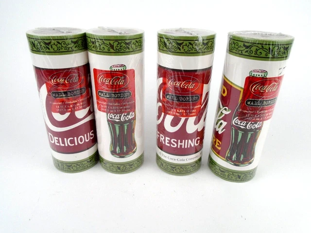 Lote de 4 rollos de borde de papel tapiz vintage de Coca-Cola 15 ft. ea 60 ft totalmente nuevo