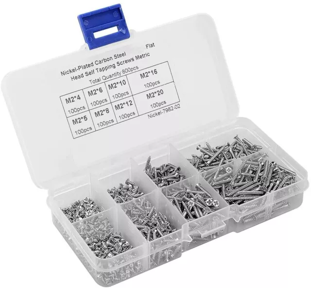 ✅ 800pz Set Viti M2 in Acciaio Inox per Legno Autofilettanti Testa Piatta 4-20mm