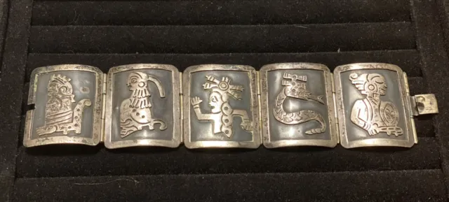 Vintage Sterling Silver 925 Mexican Storyteller Wide Panel Link Bracelet 7.25”